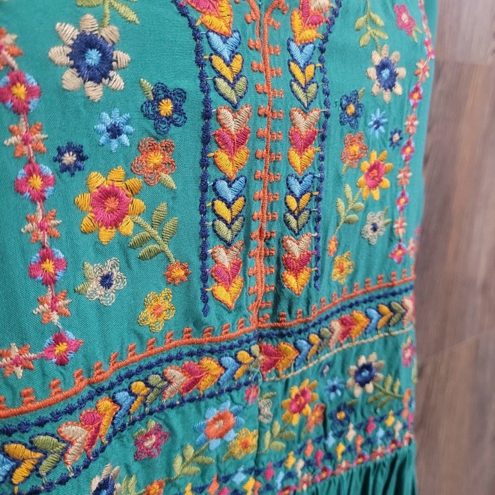 Savanna Jane Teal Embroidered V-Neck Mini Dress Lined Size L - Picture 3 of 9